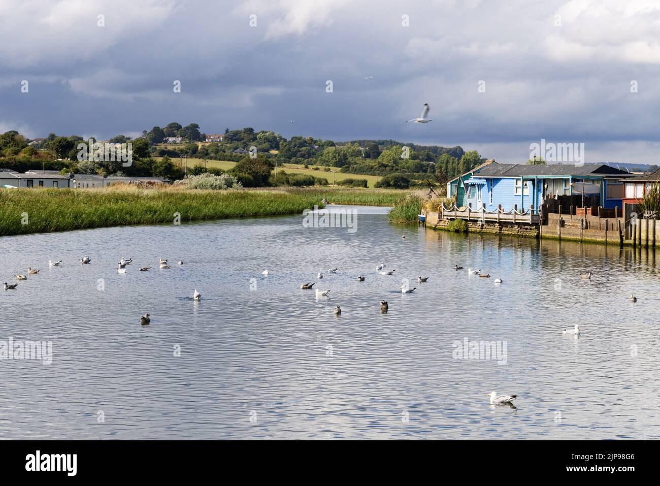 Dorset Countryside; Holzgebäude und Vögel am Ufer des Flusses Brit, Dorset, in Bridport Harbor, West Bay, Südwestengland Dorset UK Stockfoto
