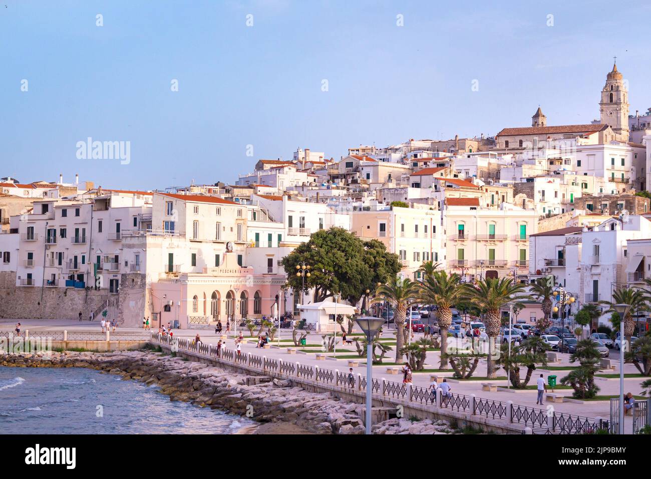 Vieste, Foggia, Italien 29. Juni 2021 Panorama-Sonnenuntergang über der historischen Altstadt von Vieste, Gargano, Apulien, Italien Stockfoto