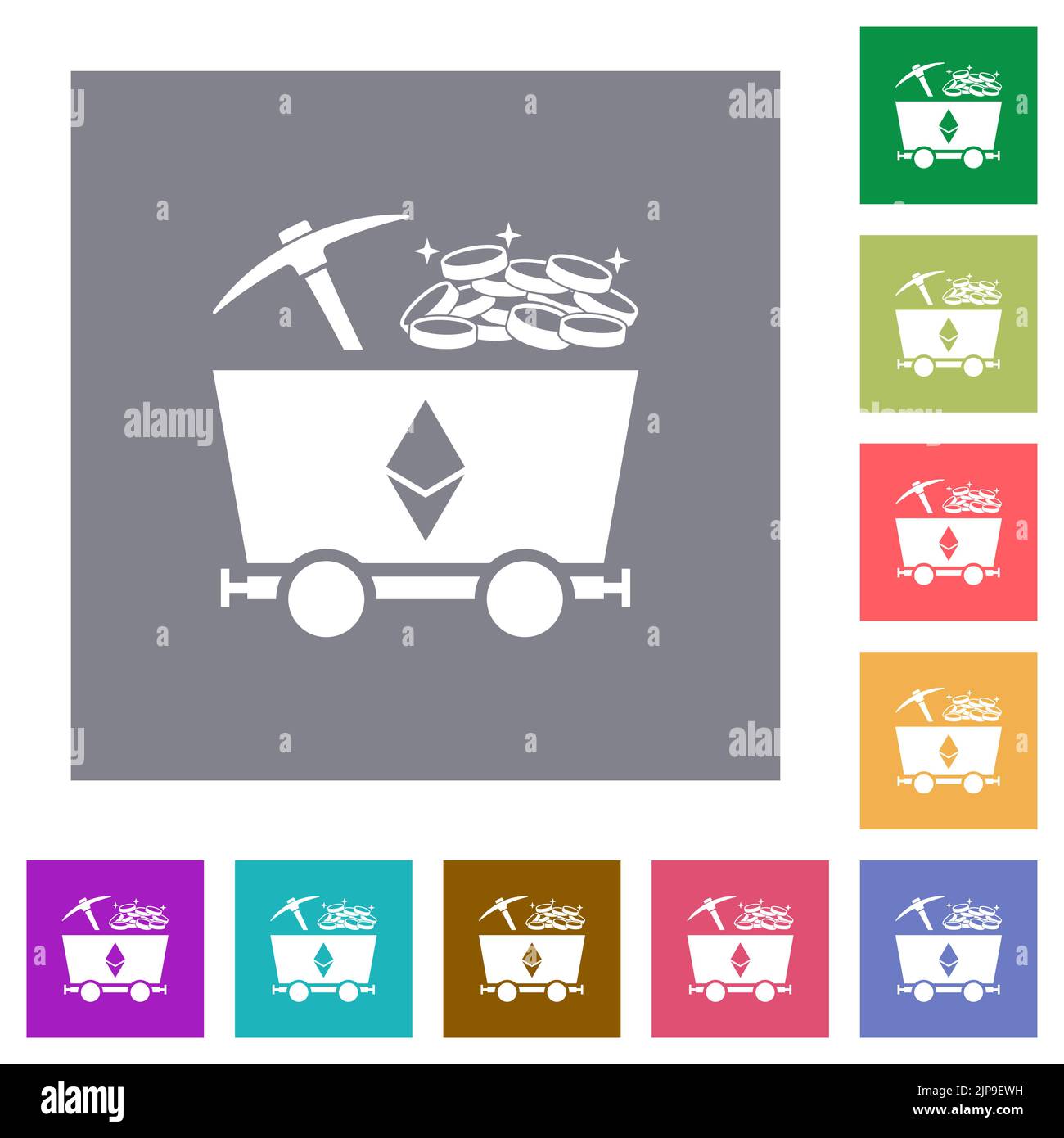 Ethereum Kryptowährungsbergbau mit schatzflachen Symbolen auf einfachen farbigen quadratischen Hintergründen Stock Vektor
