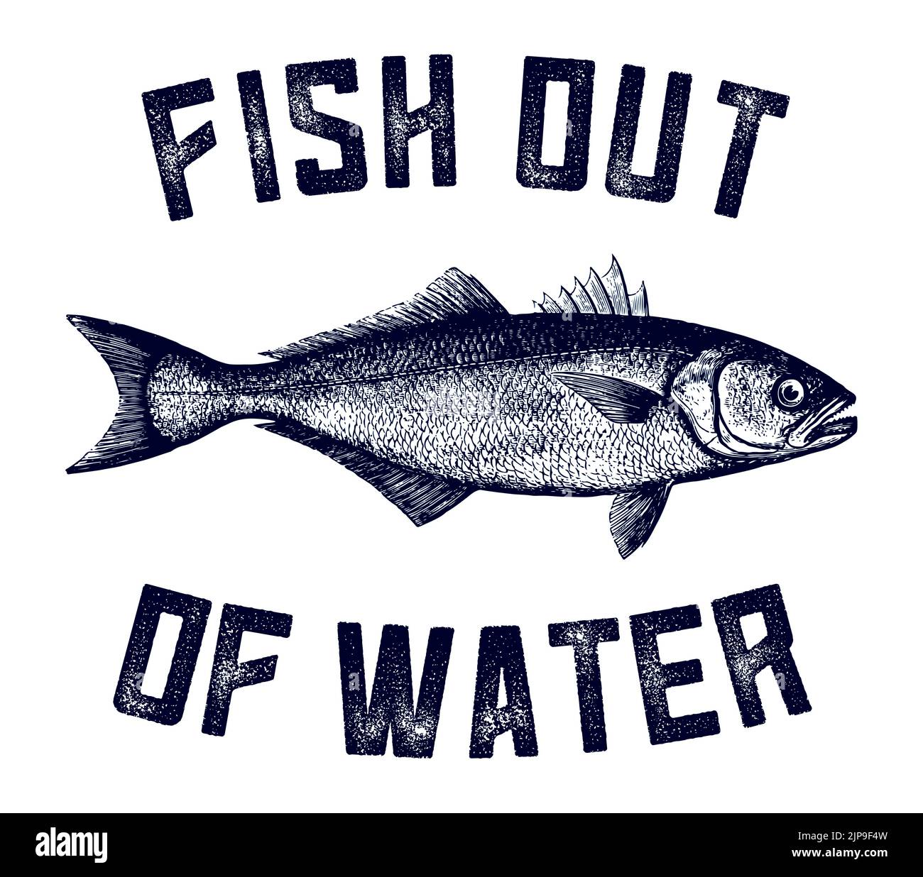 Grafische Konzeptdarstellung eines Fisches mit der Überschrift „Fisch aus dem Wasser“ Stockfoto