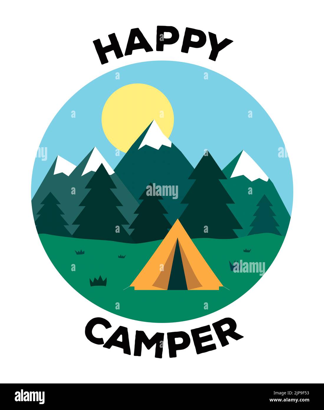 Grafische Darstellung eines Zeltes in einer ländlichen Szene mit fernen Bergen und der Beschriftung „Happy Camper“ Stockfoto