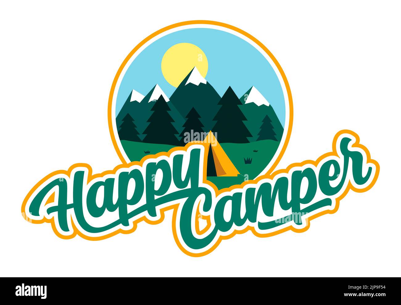 Grafische Darstellung eines Zeltes in einer ländlichen Szene mit fernen Bergen und der Beschriftung „Happy Camper“ Stockfoto