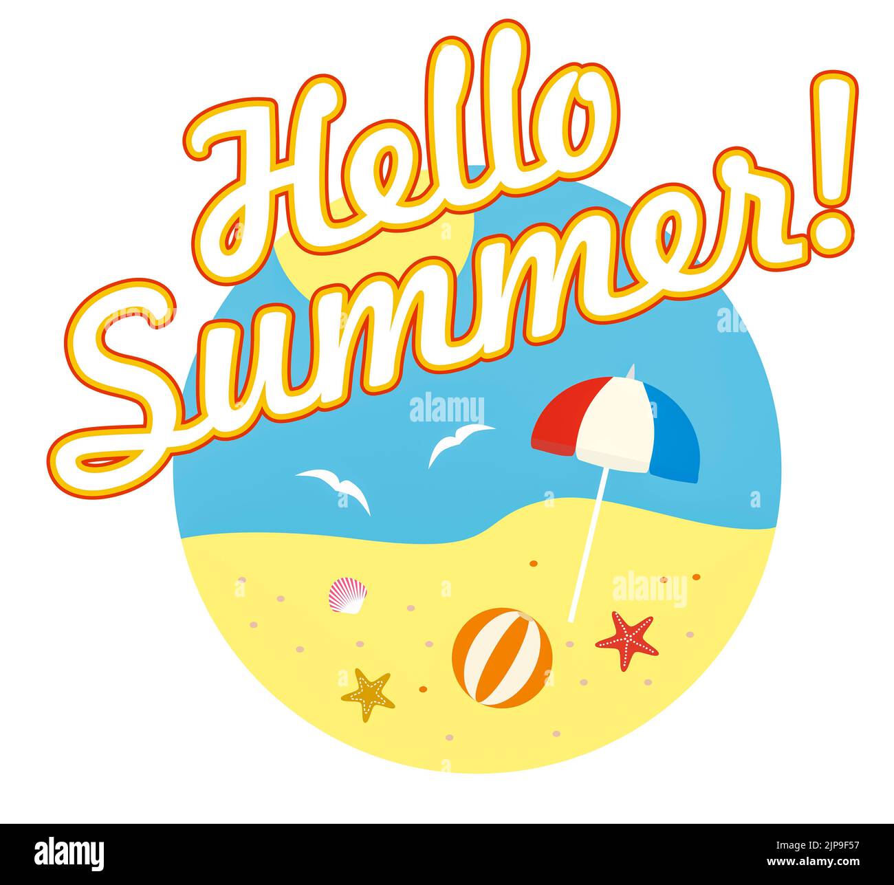 Grafische Darstellung einer Strandszene mit Sonnenschirm und der Überschrift „Hallo Sommer!“ Stockfoto