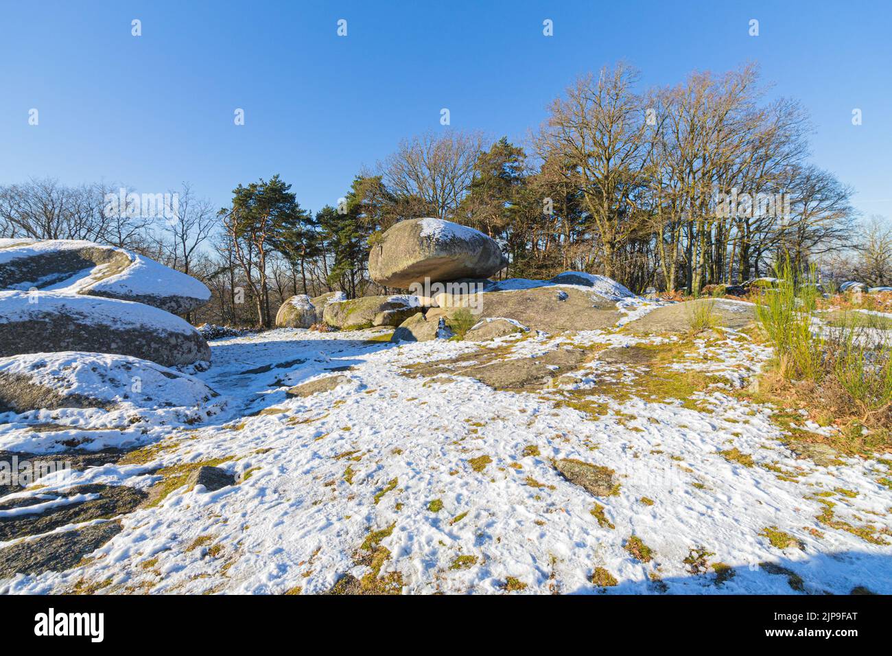 Die Felsenhaufen von Les Pierres Jaumatres befinden sich auf dem Mont Barlot, südlich der Stadt Boussac im Département Creuse, Frankreich Stockfoto