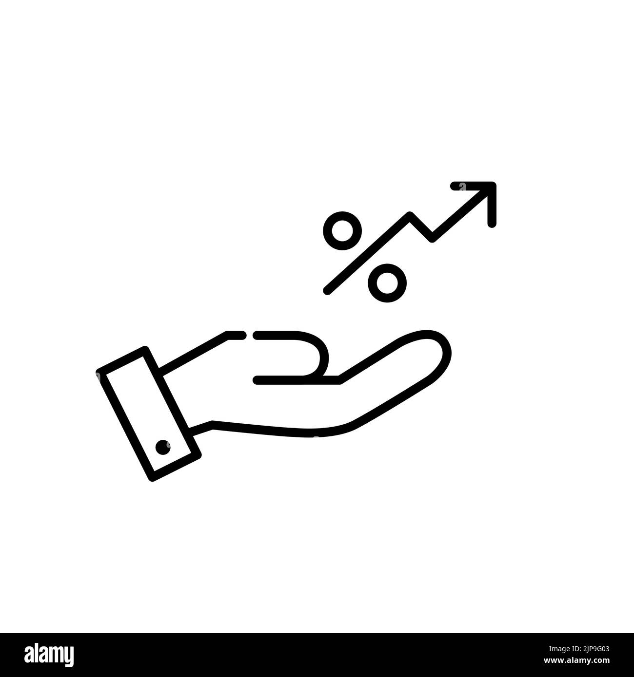 Investitionen in den wachsenden Markt, der Gewinne erzielt. Hand hält wachsenden Prozentpfeil. Pixel-perfektes, bearbeitbares Strichsymbol Stock Vektor