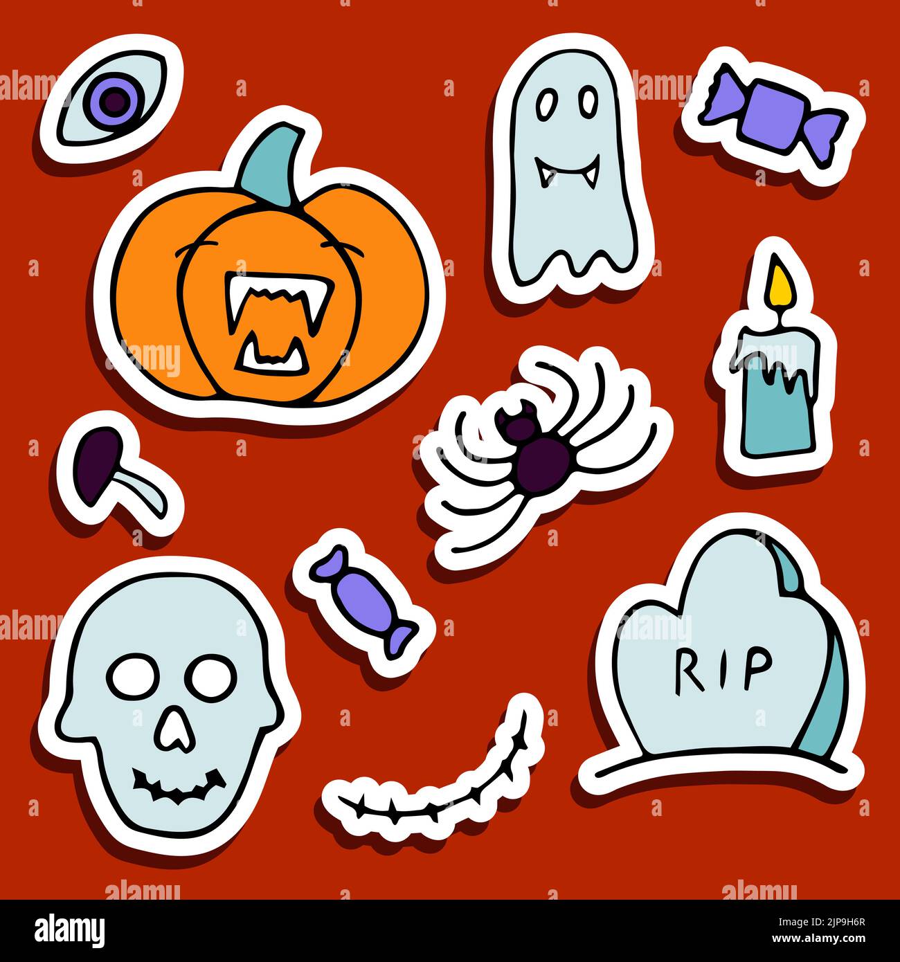 Doodle Halloween Aufkleber Set. Handgezeichneter Herbstkürbis, Spinne, Grab, Geist, Schädel auf orangefarbenem Hintergrund. Niedliches gruseliges Horror-Banner für Herbstferien, Stock Vektor