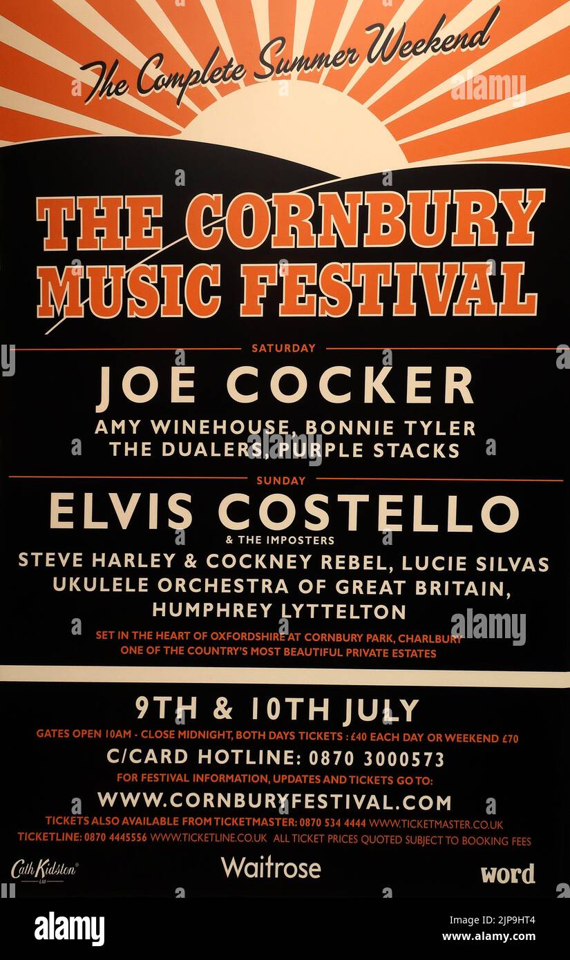 Poster vom kompletten Sommerwochenende, dem Cornbury Music Festival, Juli 2005 - Joe Cocker, Amy Winehouse, Elvis Costello, Steve Harley Stockfoto