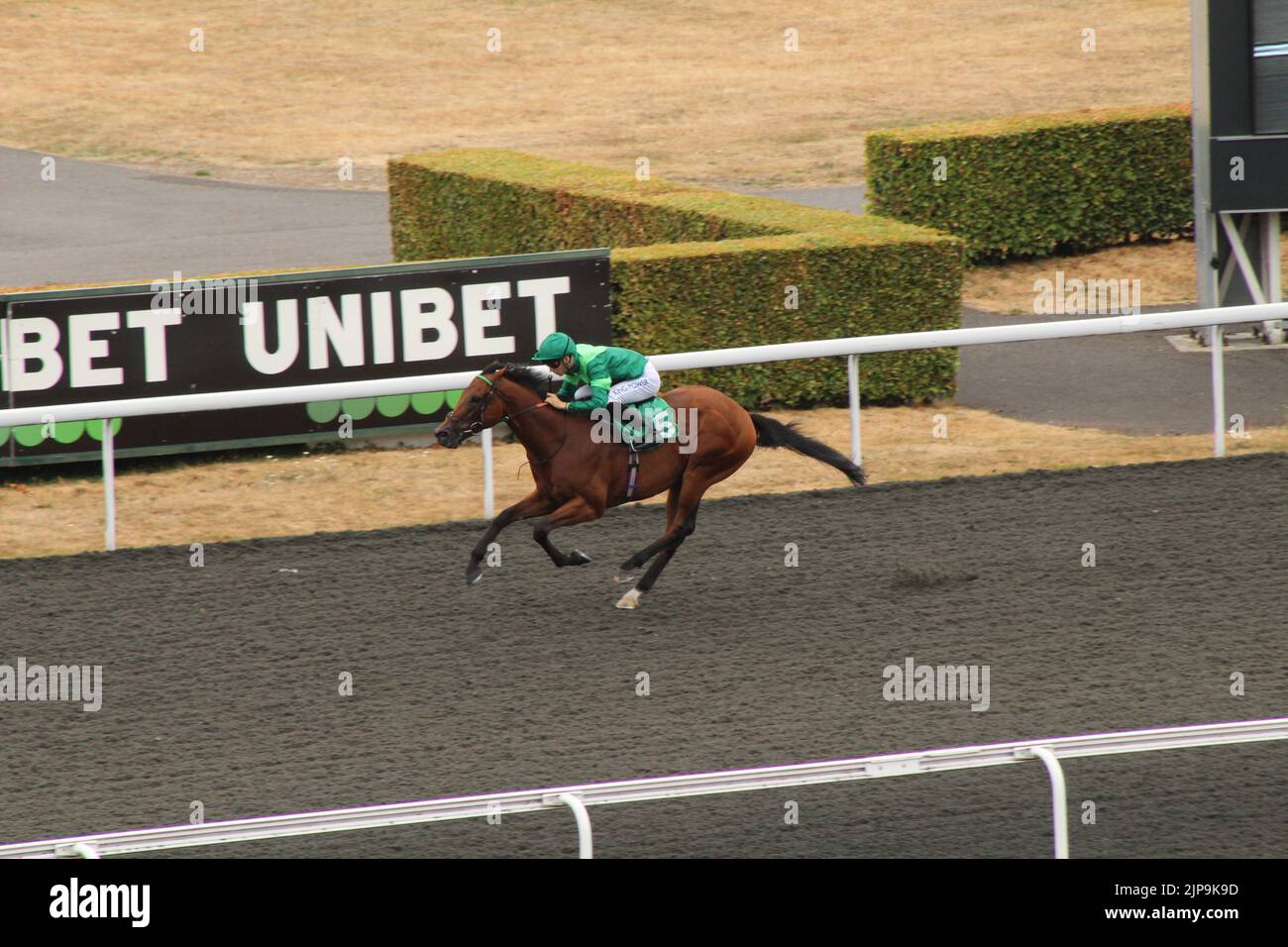 London, Großbritannien. 16. August 2022. Out from Under, geritten von Harry Davies, gewinnt den 15:30 in Style auf der Kempton Park Racecourse, Großbritannien. Kredit: Paul Blake/Alamy Live Nachrichten. Stockfoto