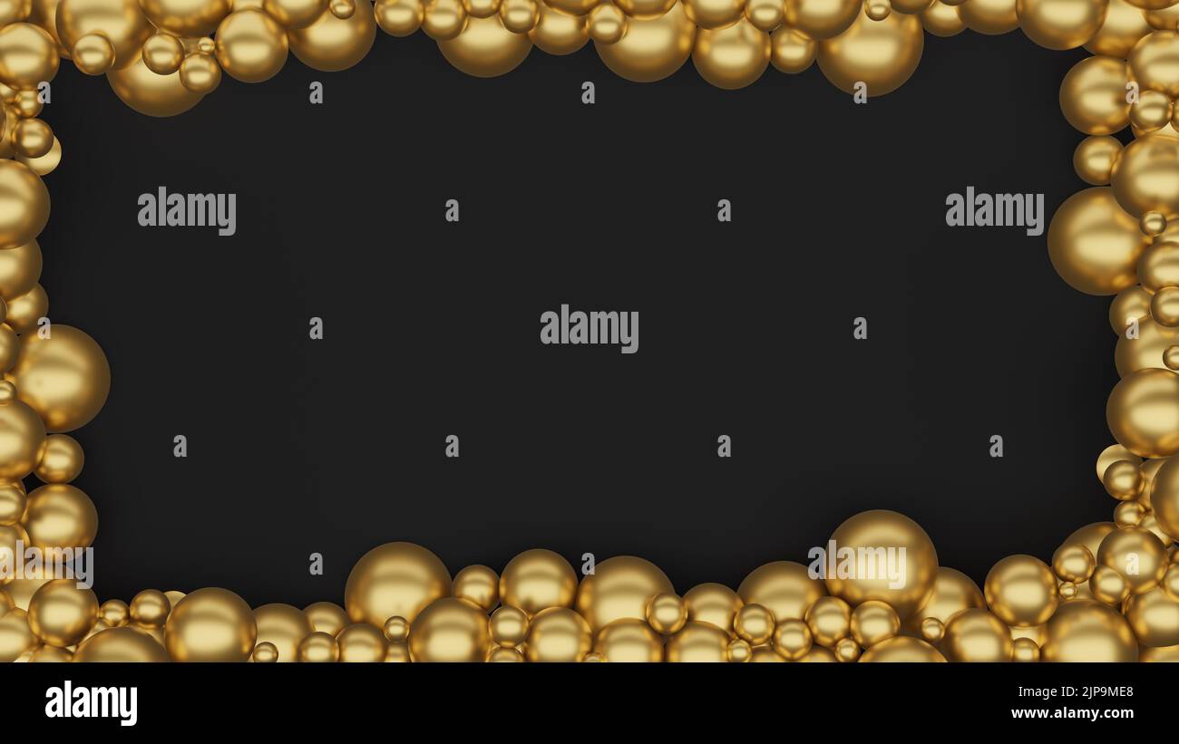Goldfarbene Metallkugeln umrandung auf Rahmen mit schwarzem Hintergrund. Platzieren Sie den benutzerdefinierten Text in der Mitte, der als Grußansage verwendet werden kann. 3D Rendern Stockfoto