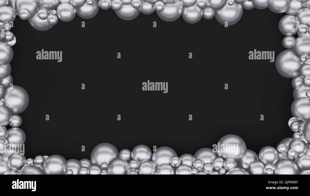 Silberfarbene metallische Kugeln umrandung auf Rahmen mit schwarzem Hintergrund. Platzieren Sie den benutzerdefinierten Text in der Mitte, der als Grußansage verwendet werden kann. 3D Rendern Stockfoto