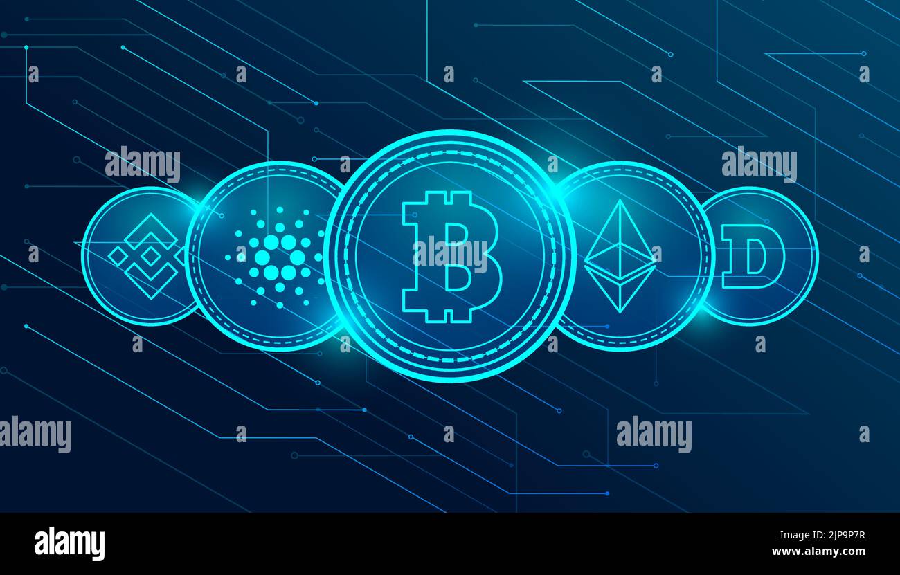 Satz der berühmtesten Kryptowährungsmünzen. Internationale Börse. Marketing-Vektor für Bitcoin-Netzwerke. Stock Vektor