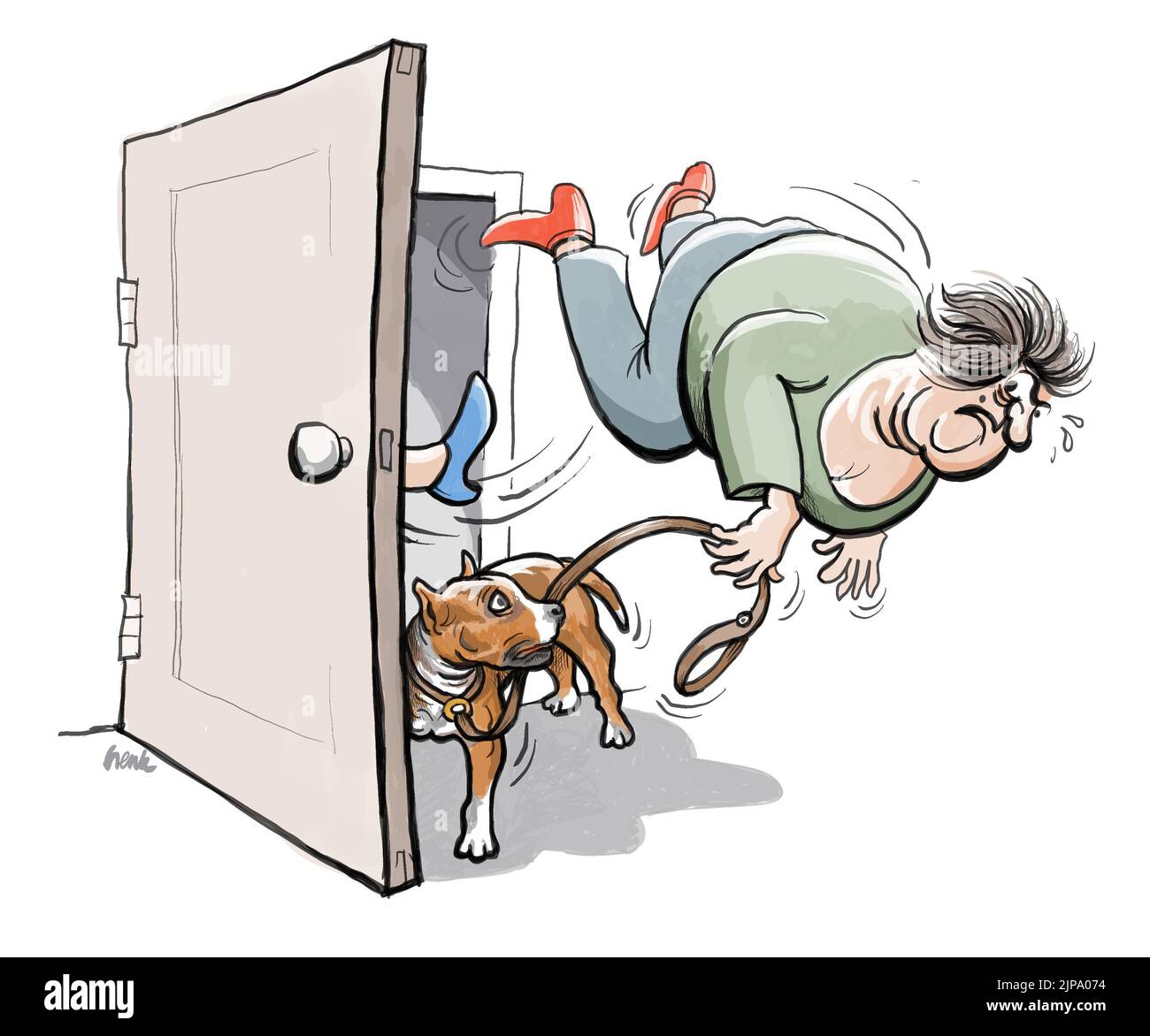 Vet tritt einen Staffordshire Hundebesitzer aus der Tür, weil sie über eine Behandlungsmethode streiten. Auf Wiedersehen. Tierarzt-Karikatur Stockfoto