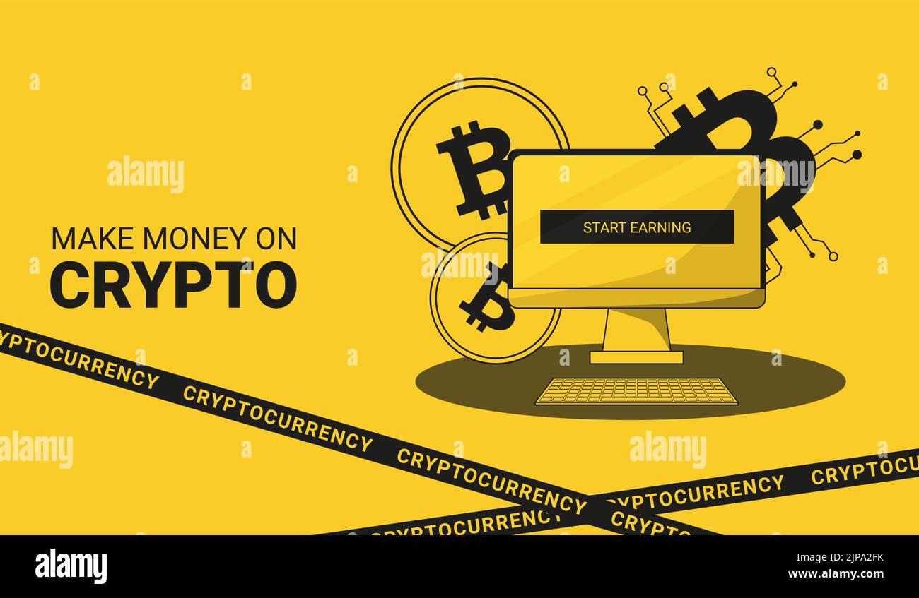 Die Inschrift verdienen Geld auf dem Krypta-Desktop, auf dem die Inschrift ein Bitcoin-Zeichen und Bitcoin-Münzen im Display zu verdienen beginnt Stock Vektor