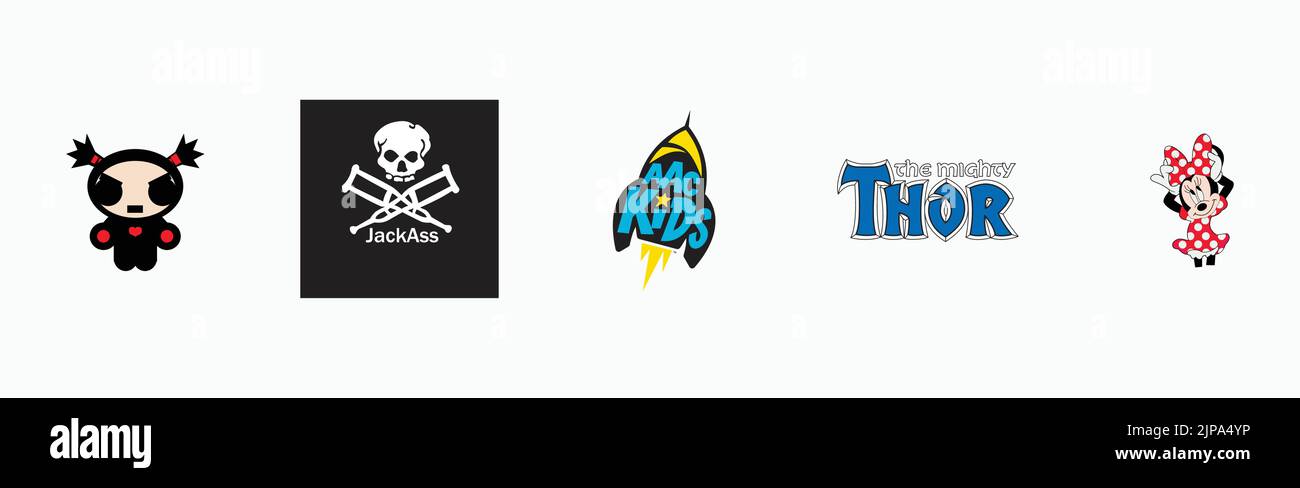 Jackass-Logo, das Mighty Thor-Logo, AAC Kids-Logo, Minnie-Logo, Garu-Logo, Satz beliebter Logos auf Papier. Stock Vektor