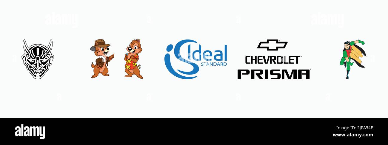 Chevrolet Prisma-Logo, Robin-Logo, Bill's Demon-Logo, Ideal Standard-Logo, Chip- und Dale-Logo, Satz beliebter Logos auf Papier. Stock Vektor