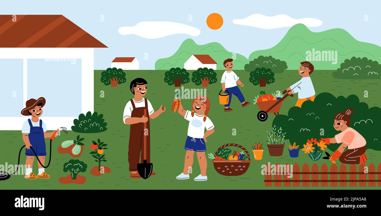 Kindergarten Pflanzen. Kleine Gärtner mit Vater. Die Landwirtschaft