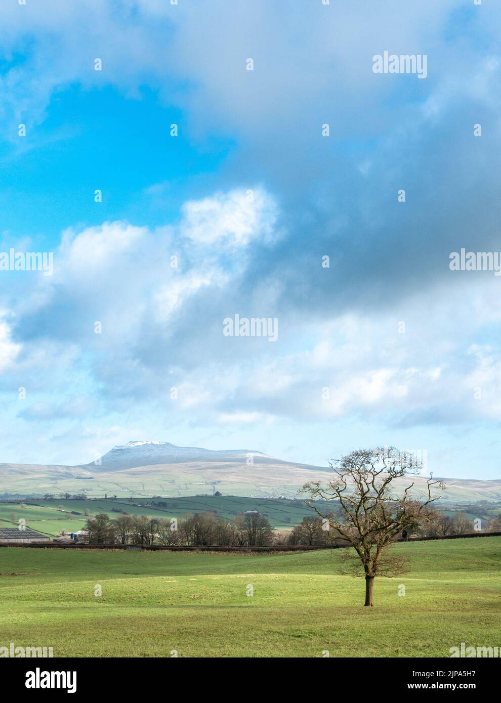 Atemberaubende vertikale Sicht auf einen schneebedeckten Ingleborough-Berg im Yorshire Dales National Park, England, Großbritannien Stockfoto