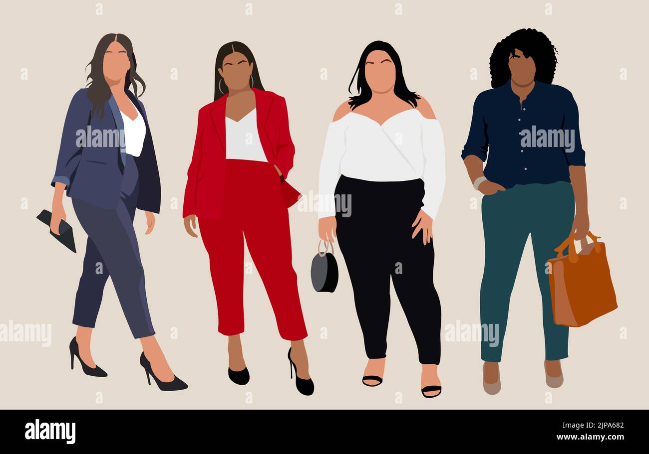 Set von schönen kurvigen Business-Frauen tragen formelle Büro-Outfits. Plus Size Attraktive Modelle smart casual Look. Moderne Vektordarstellung isolieren Stock Vektor