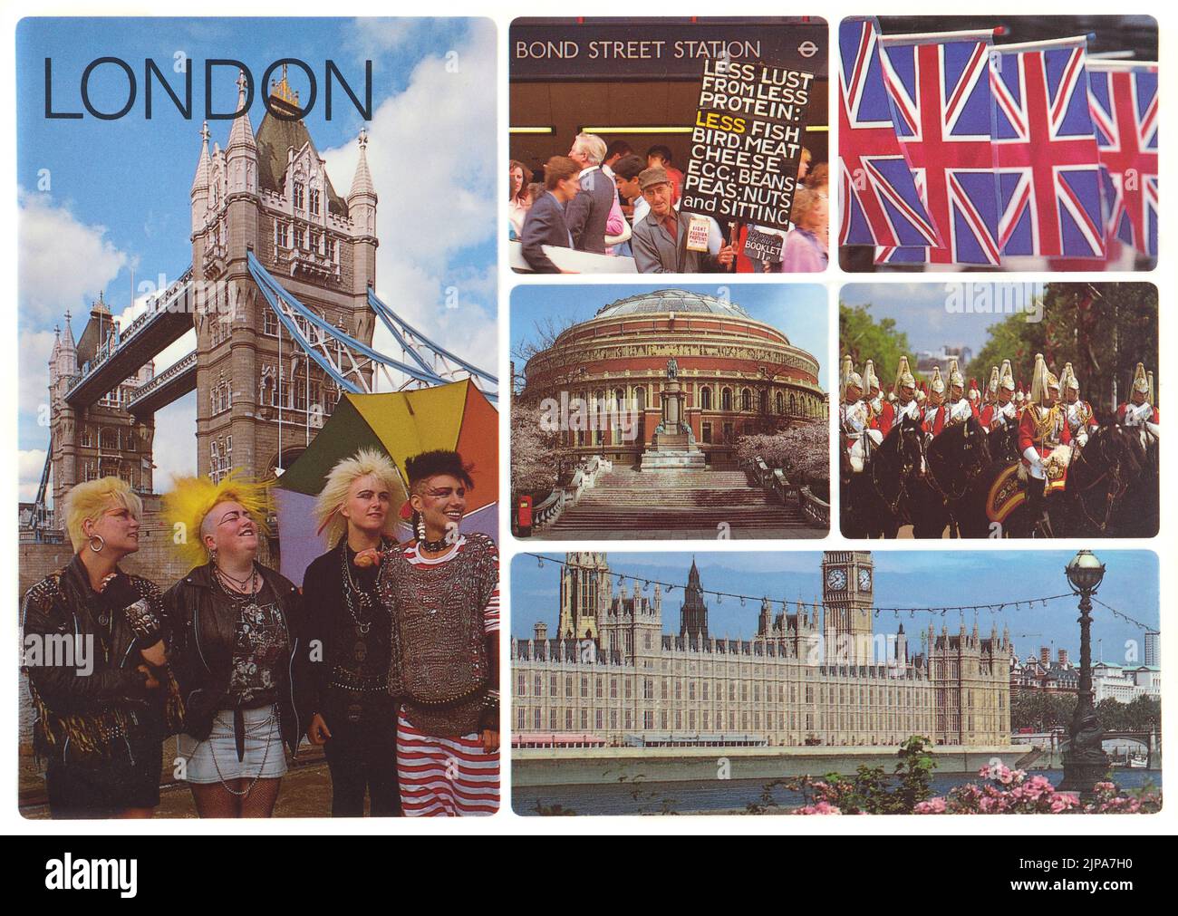 London-Postkarte aus den 1980er Jahren mit verschiedenen Ansichten und Attraktionen. Fotos von Chris Parker Stockfoto