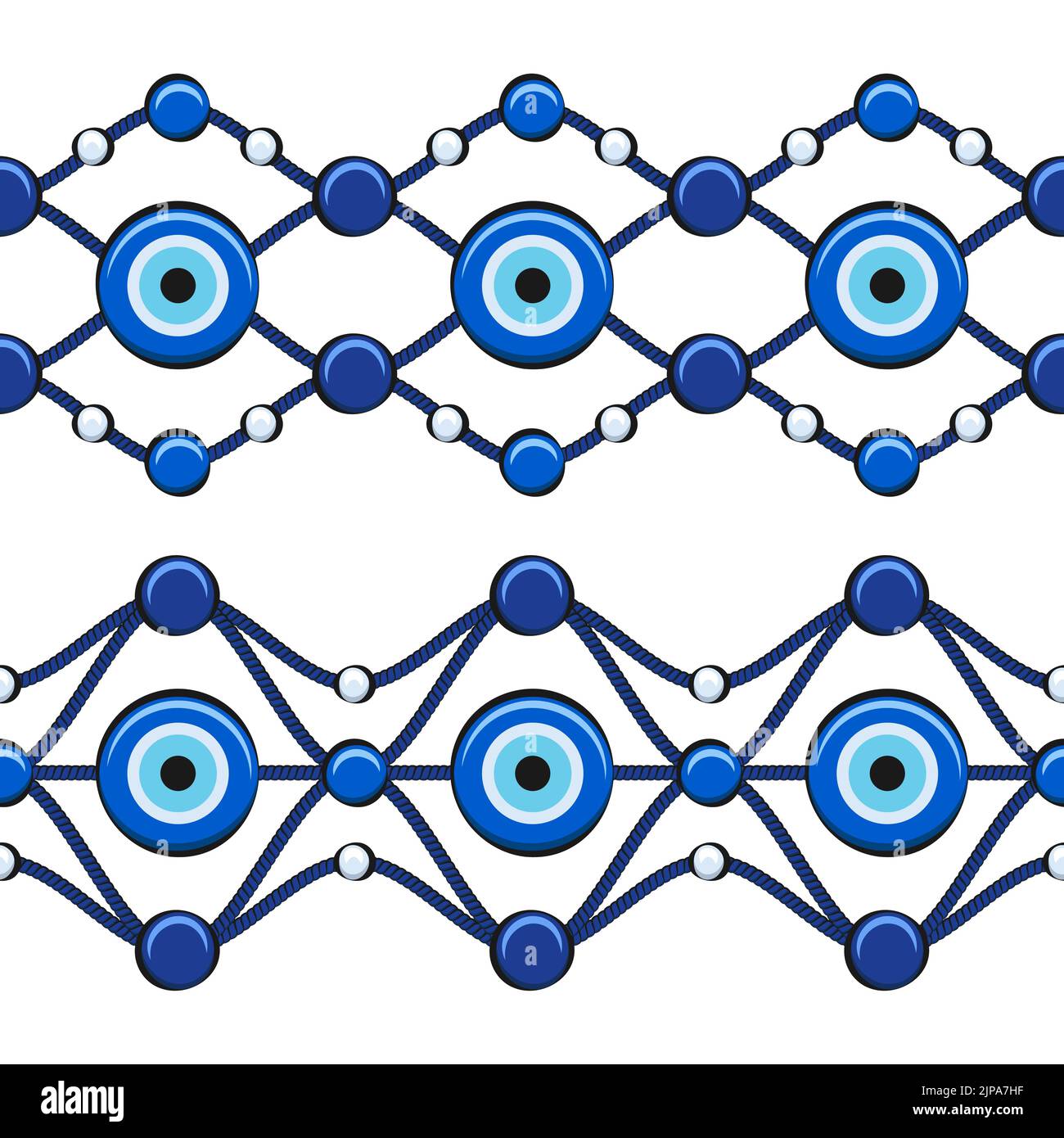 Set von horizontalen nahtlosen Mustern mit Auge von fatima und Perlen. Vektorgrafik. Stock Vektor