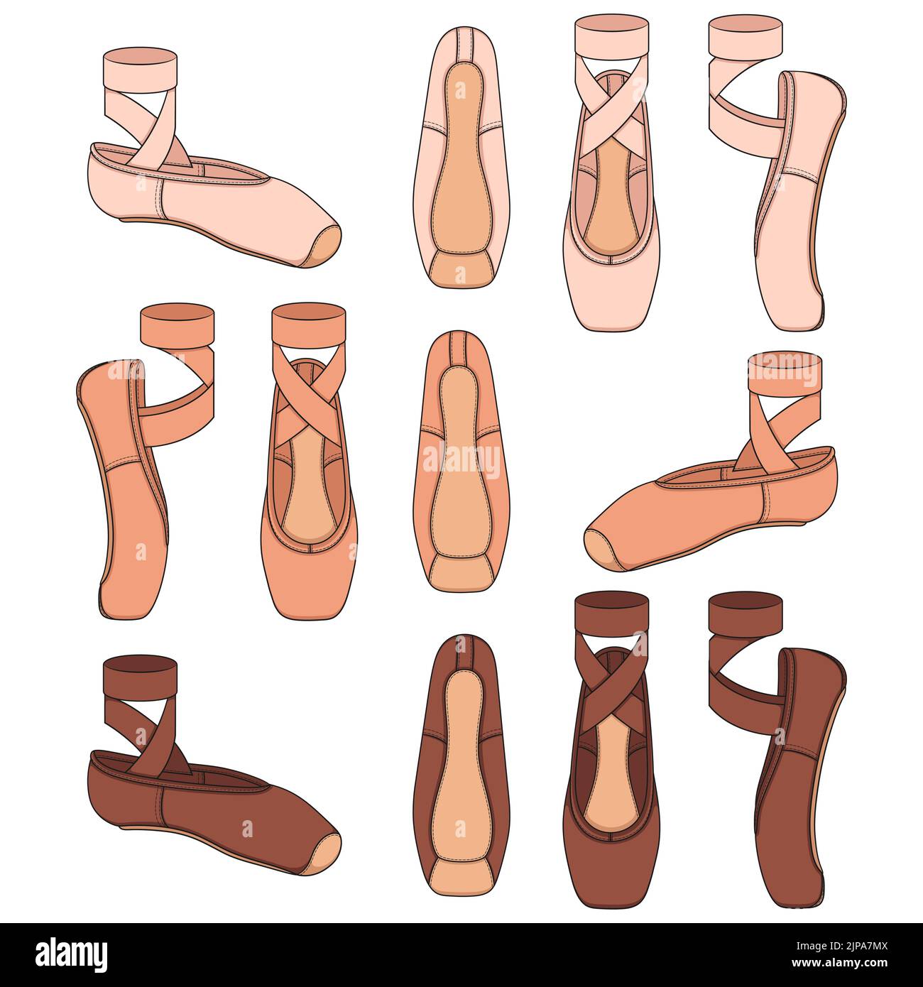 Set mit farbigen Illustrationen mit spitzenschuhen, Ballettschuhen. Isolierte Vektorobjekte auf weißem Hintergrund. Stock Vektor
