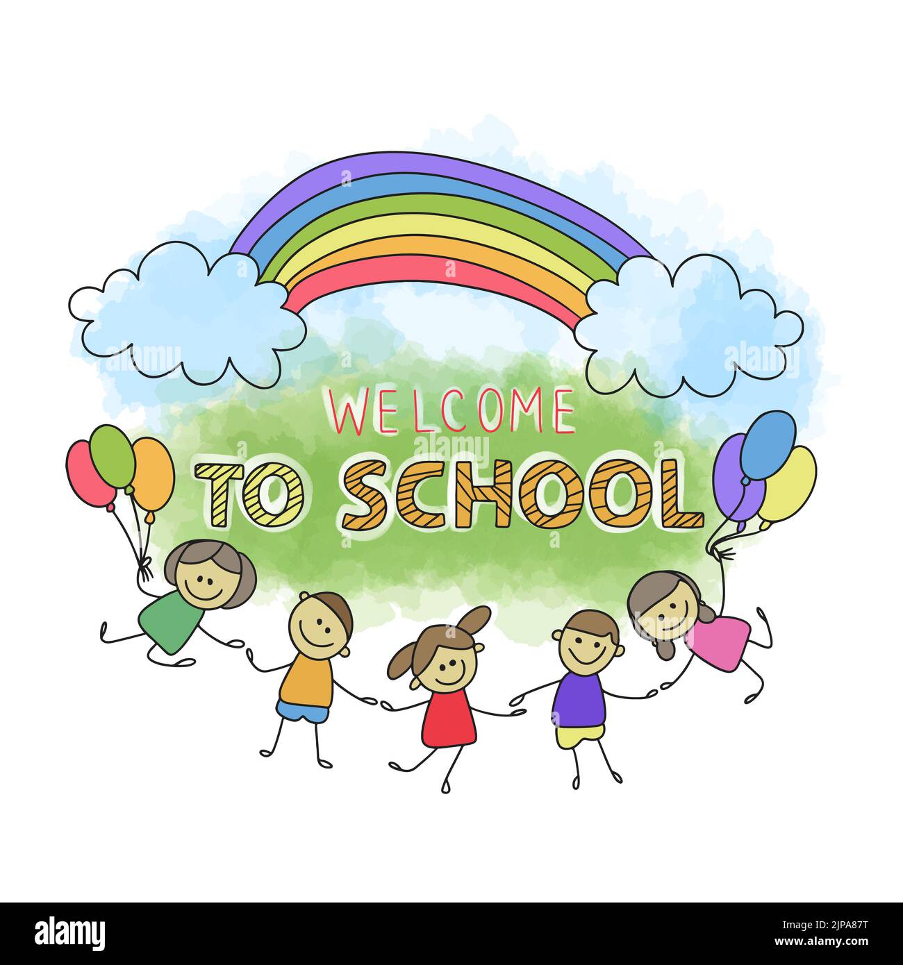 Willkommen in der Schule, handgeschriebene Zitate, niedliche Cartoon-Kinder fröhlich mit Luftballons, Regenbogen, Doodle Stil Skizze, Aquarell Stock Vektor