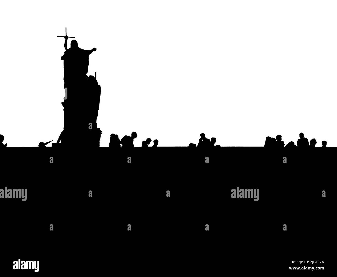 Abstraktes minimalistisches Schwarz-Weiß-Bild mit vielen Touristen auf der Karlsbrücke in Prag Stockfoto