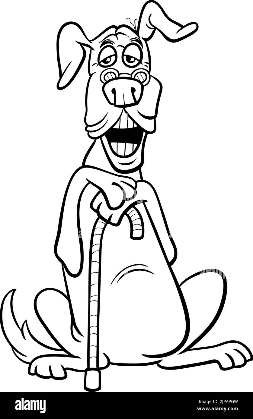 Schwarz-Weiß-Cartoon-Illustration von lustigen Senior Dog Tier Charakter mit einem Stock Färbung Seite Stock Vektor