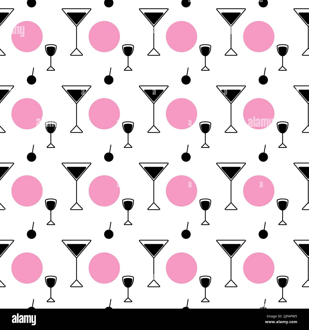 Abstraktes nahtloses Muster aus einem schwarz-weißen Satz von Vektor-Icons in Form von Gläsern und farbigen Flecken in trendigen rosa Shads auf transparentem Hintergrund. Geeignet für Cafés, Bars und Restaurants. Isolieren. Lifestyle. Stock Vektor