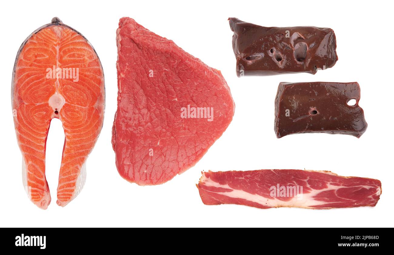 Fihs, Fleisch, Leber und Speck auf dem Hintergrund von Whine Stockfoto