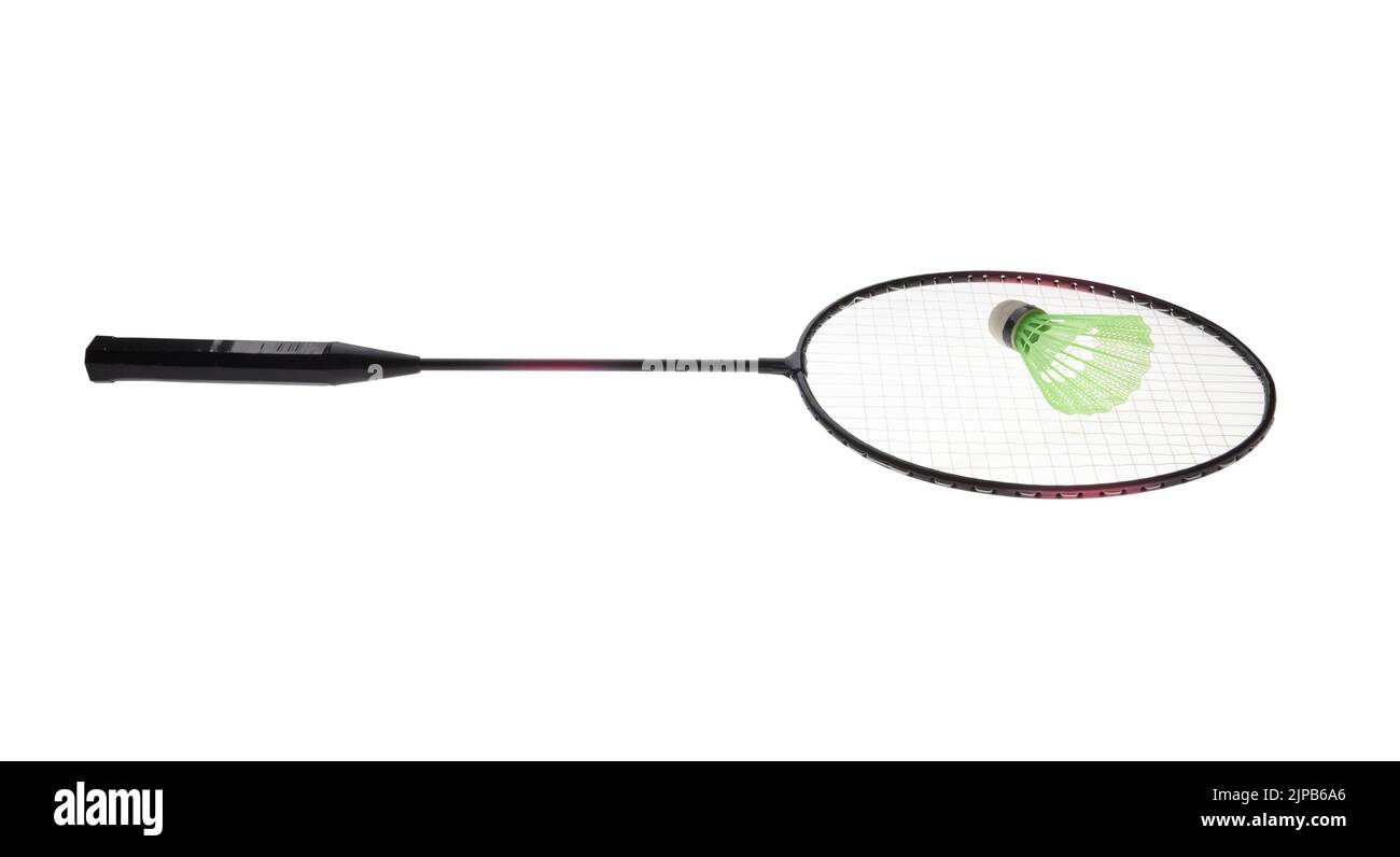 Badminton Schläger und Federball auf weißem Hintergrund Stockfoto