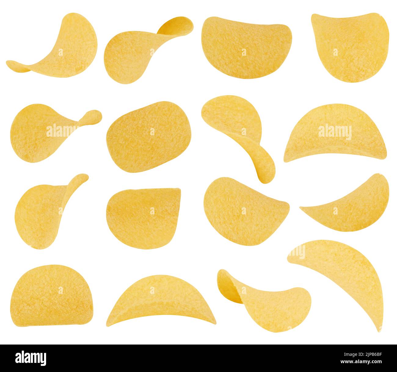 Kartoffel-Chips, die isoliert auf weißem Hintergrund Stockfoto