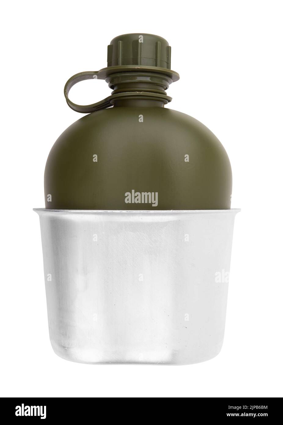 Militärflasche für Wasser mit einer Schüssel für Lebensmittel auf weißem Hintergrund Stockfoto