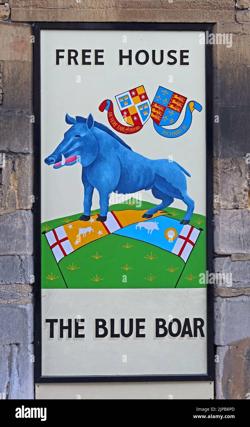The Blue Boar - Hook Norton Ales klassisches Pub-Schild, Oxfordshire Craft Ale, Hook Norton, Banbury, Ochsen, ENGLAND, GROSSBRITANNIEN, OX15 5NY Stockfoto