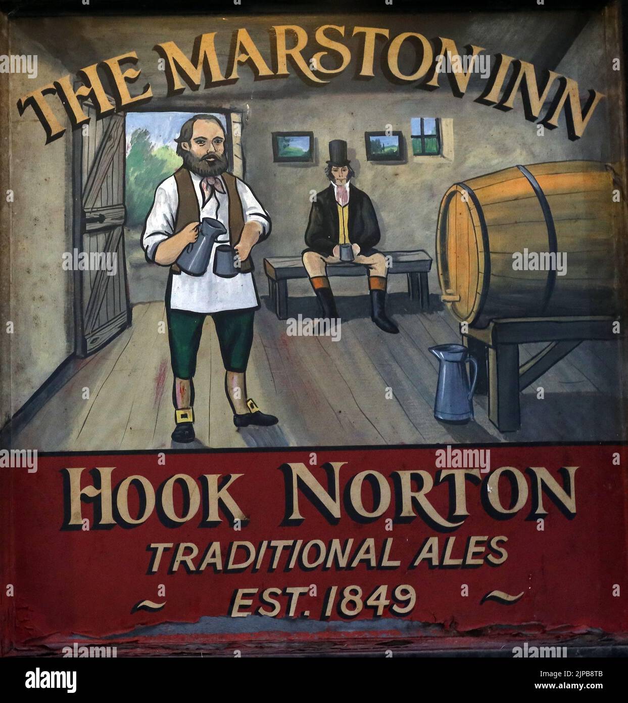 The Marston Inn - Hook Norton Ales klassisches Pub-Schild, Oxfordshire Craft Ale, Hook Norton, Banbury, Ochsen, England, Großbritannien, OX15 5NY, Est 1849 Stockfoto