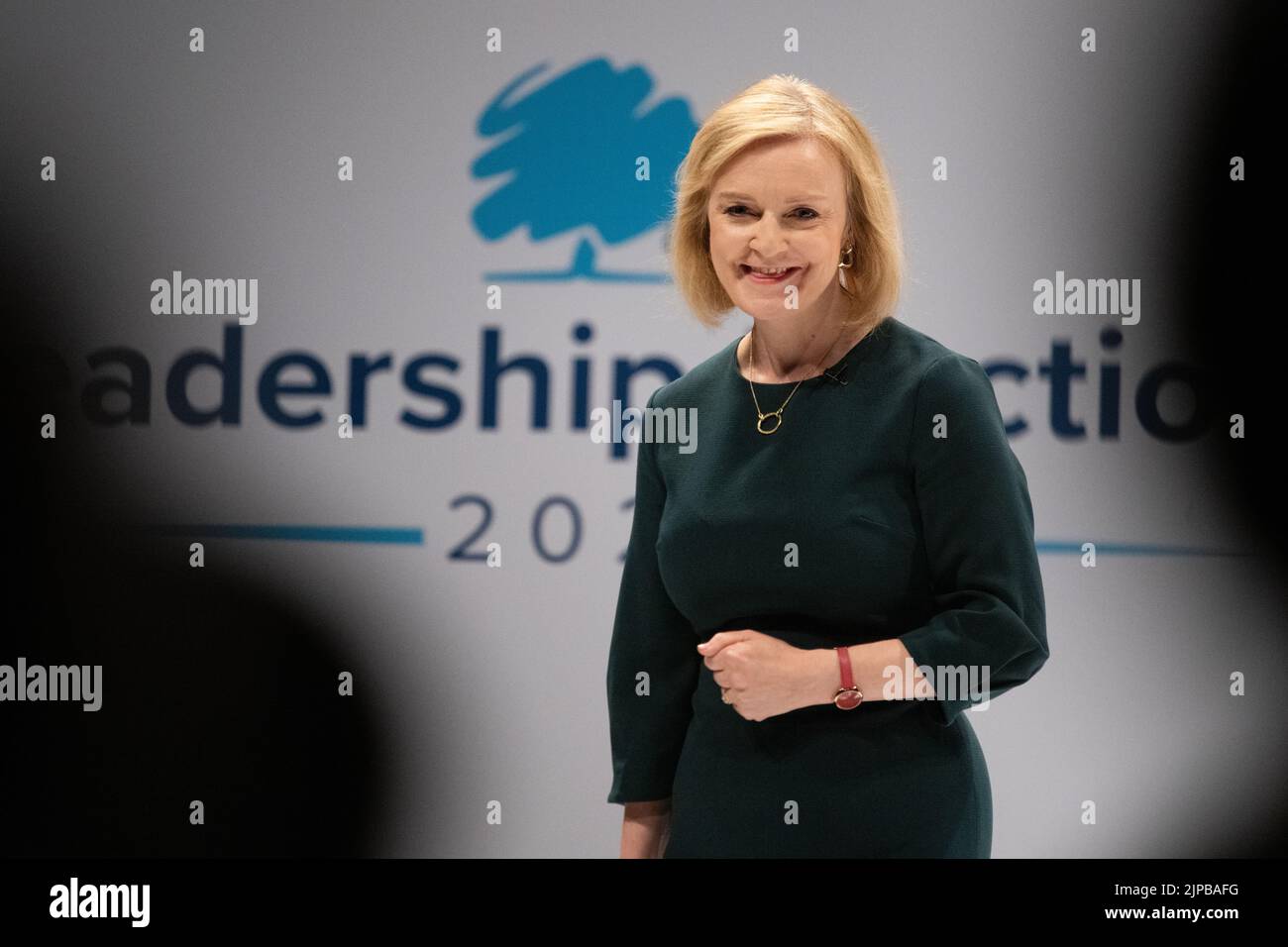 Liz Truss spricht bei den Führungswahlen in Perth, Schottland, Großbritannien Stockfoto