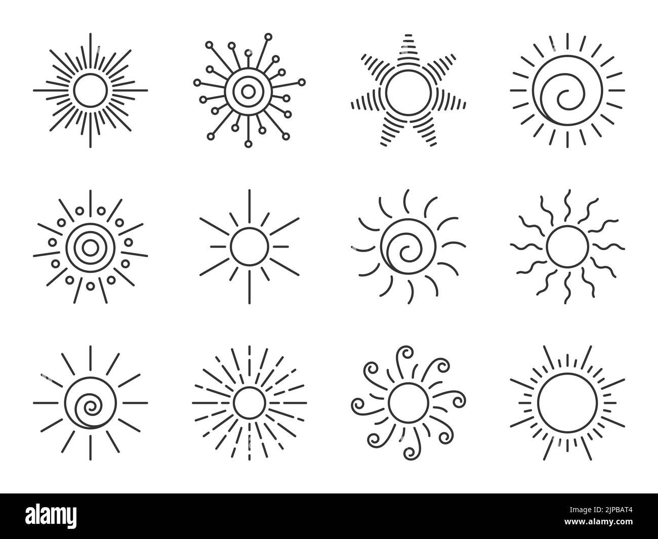 Symbol für die Sonnenlinie eingestellt. Verschiedene Form Sonnenstern. Cartoon Sommer Sonnenlicht Natur Himmel. Einfaches grafisches Sonnenkreiszeichen. Sonnige Hitze Strahlen Wetter App symb Stock Vektor