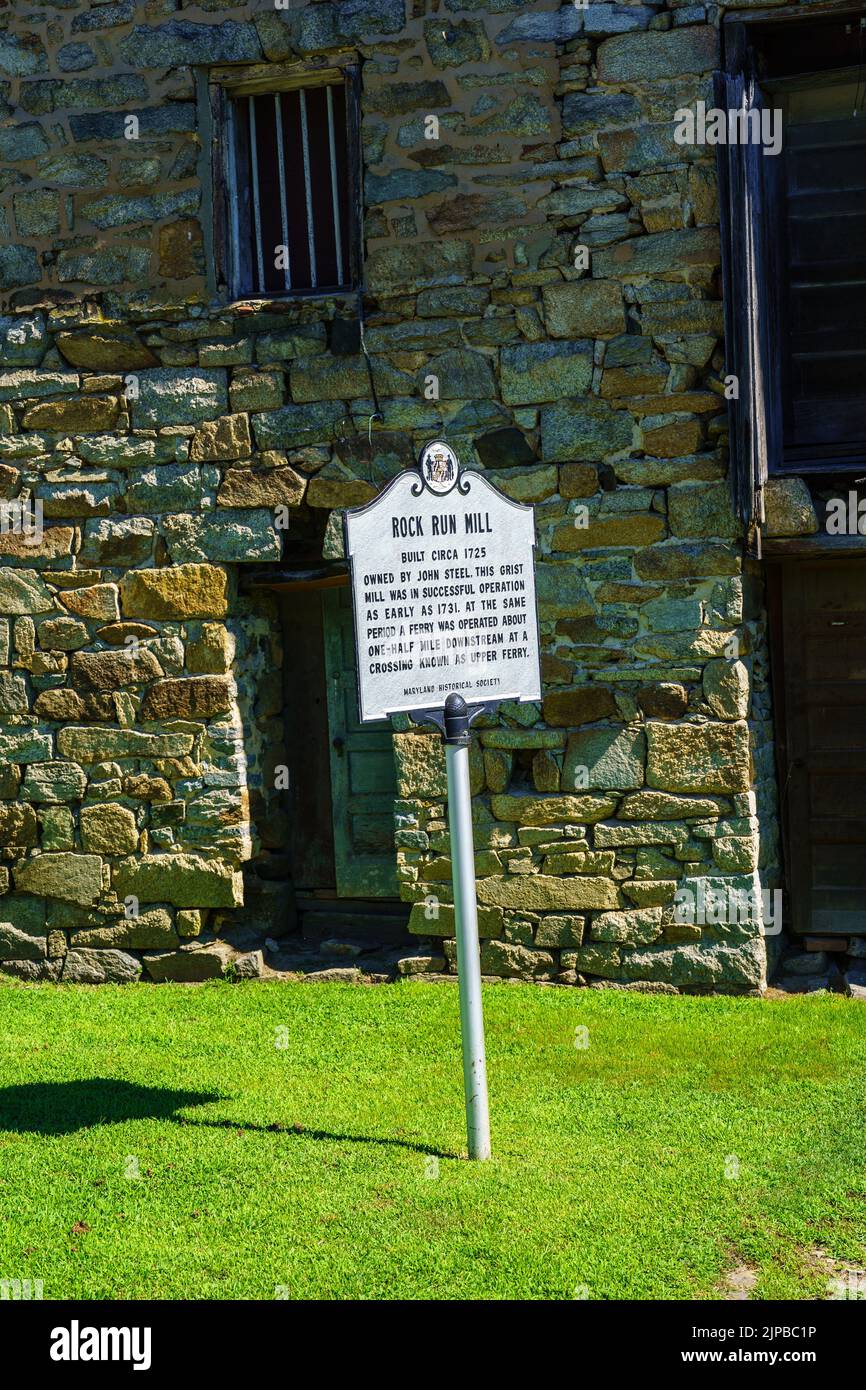 Port Deposit, MD, USA – 13. August 2022: Die Rock Run Mill war eine 1725 gegründete Grummmühle, die sich in der Nähe des Eingangs der heutigen Stadt befand. Stockfoto