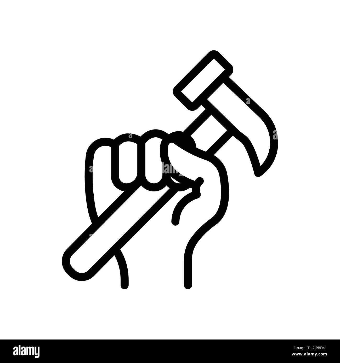 Hand hält Hammer Symbol. Symbol im Zusammenhang mit Bau, Arbeitstag. Liniensymbole. Einfaches Design bearbeitbar Stock Vektor