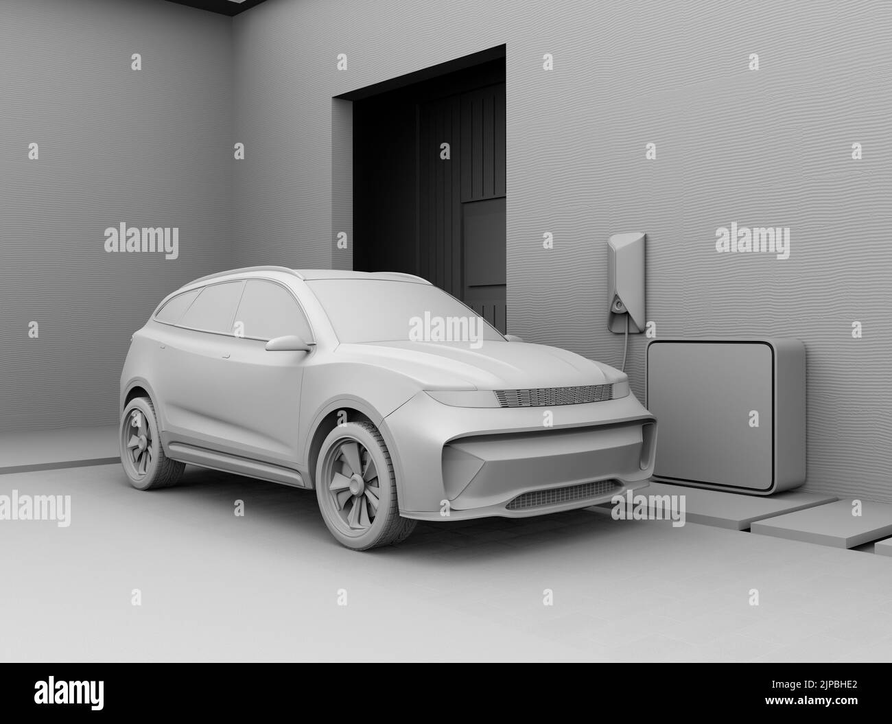Lehm Rendering von Elektro-SUV charing zu Hause Garage. 3D Rendering des Bildes. Stockfoto