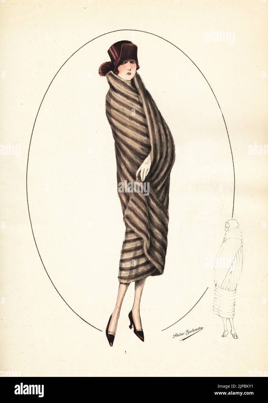 Modische Frau in Cloche Hut und Nerz Umhang mit Rückenplatte horizontal gelegt. Kap en vison. Handkolorierte Lithographie von Modeles originaux de Fourrures, Original Models in fur, Nr. 17, Atelier Bachwitz, Wien, 1926. Stockfoto