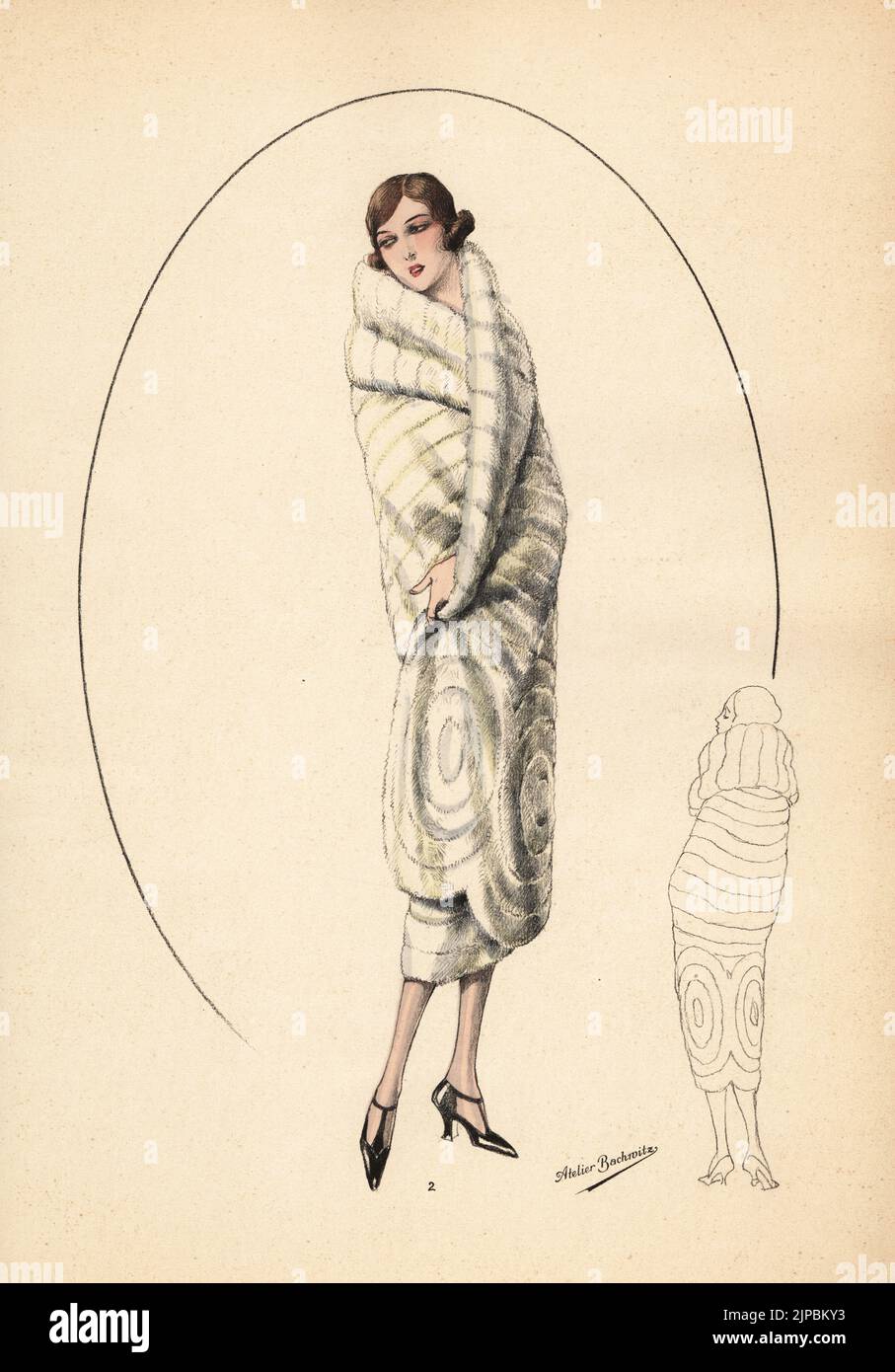 Modische Frau mit kurzem bob Haarschnitt in Pelzmantel. Abendpackung in Ermine mit breitem Schalkragen. Manteau du soir en hermine. Handkolorierte Lithographie von Modeles originaux de Fourrures, Original Models in fur, Nr. 17, Atelier Bachwitz, Wien, 1926. Stockfoto