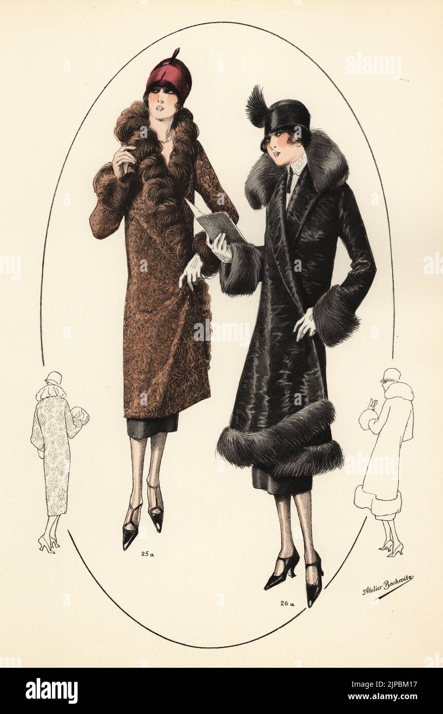 Modische Frauen in kurzen Bobs, Cloche Hüte und luxuriöse Pelzmäntel ...