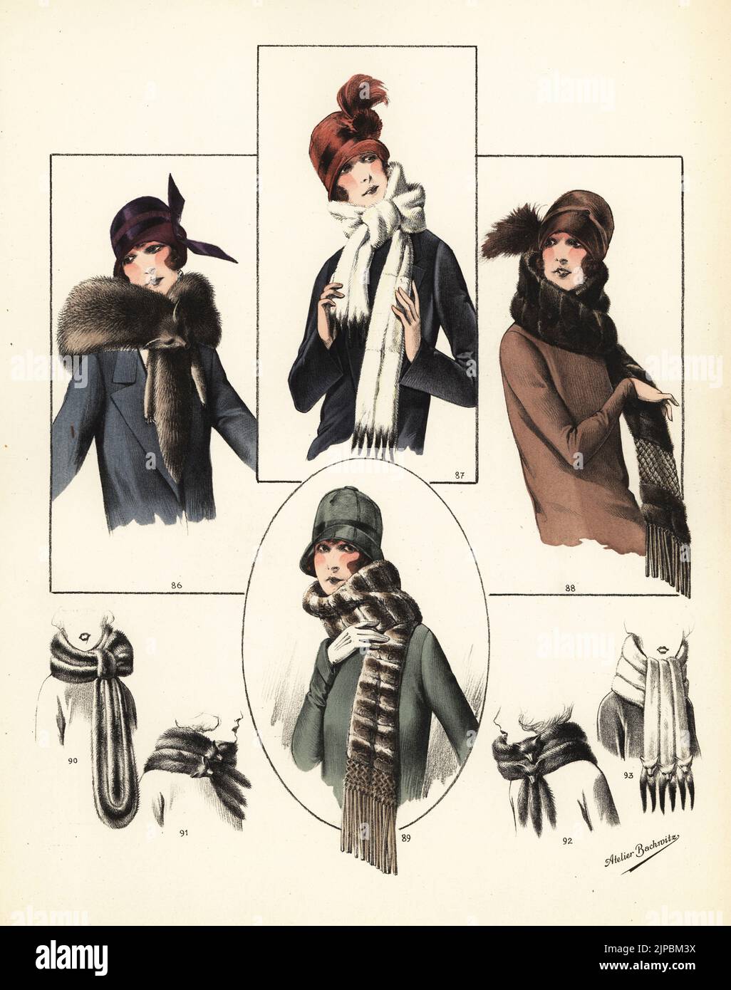 Modische Frauen in Cloche Hüte und Pelzschals. Schal aus Alaska-Fuchs 86, Ermin mit Schwänzen 87, Moleskin 88 und gefranste Chinchilla 89. Handkolorierte Lithographie von Modeles originaux de Fourrures, Original Models in fur, Nr. 17, Atelier Bachwitz, Wien, 1926. Stockfoto
