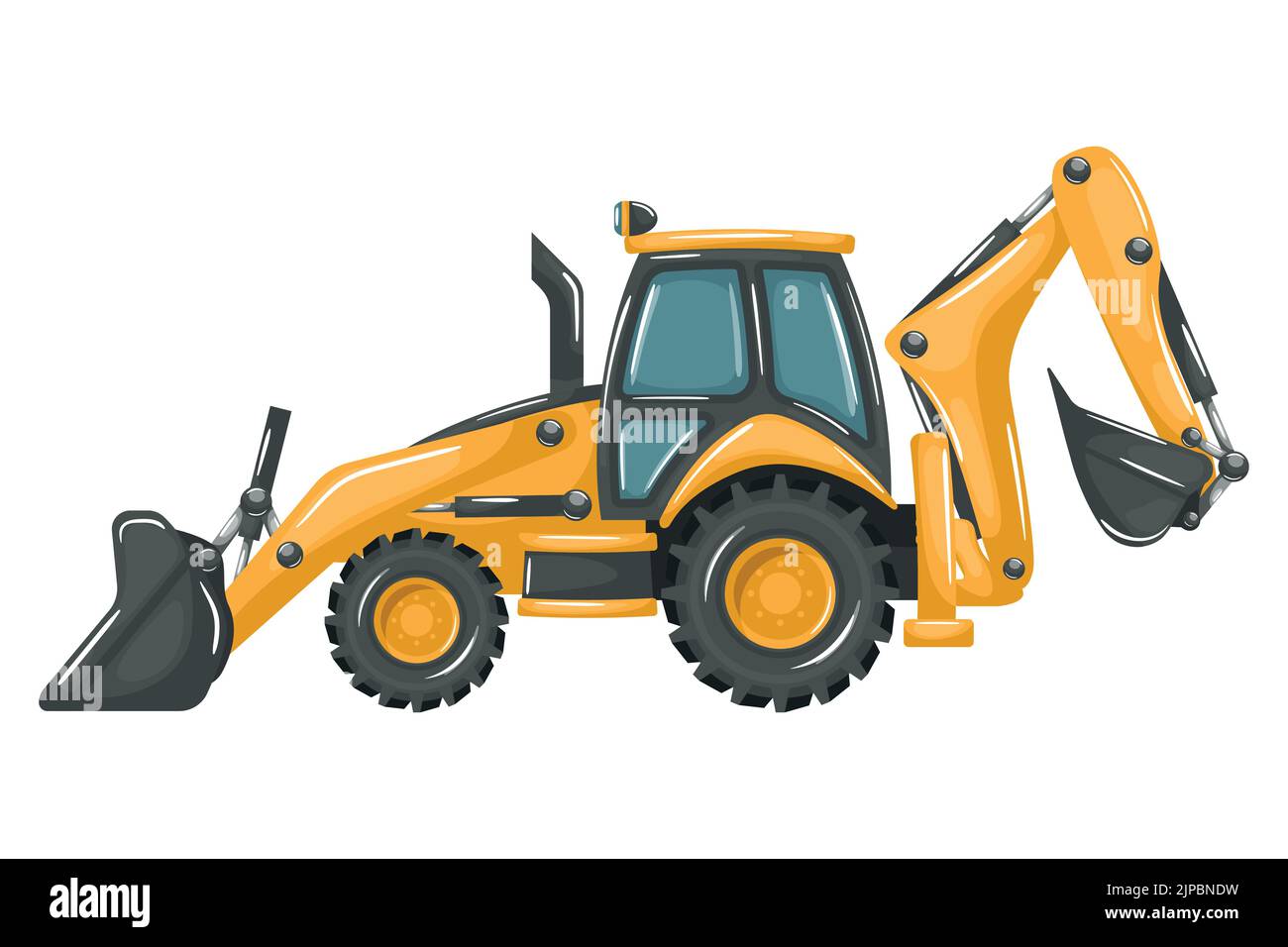 Schwere Maschinen mit gelben Baggerlader im Cartoon-Stil für Bau- und Bergbauarbeiten Stock Vektor