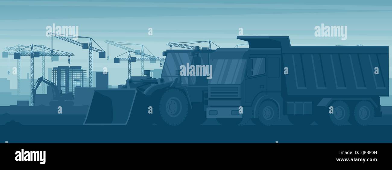 Panorama-Ansicht Hintergrund von schweren Maschinen wie Muldenkipper, Frontlader, Hammerbagger arbeiten in der Bauindustrie in einem Cit Stock Vektor