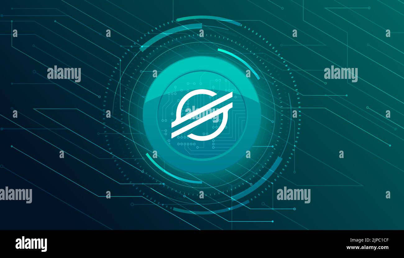 Banner mit Krypto-Währungen im Zeichen von Stellar (XLM). Sternmünze oder XLM-Symbol auf modernem grünem Hintergrund. Stock Vektor