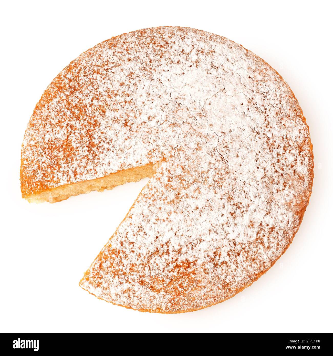 Zitronenkuchen mit Puderzucker-Belag und Keil fehlt isoliert auf weiß. Draufsicht. Stockfoto