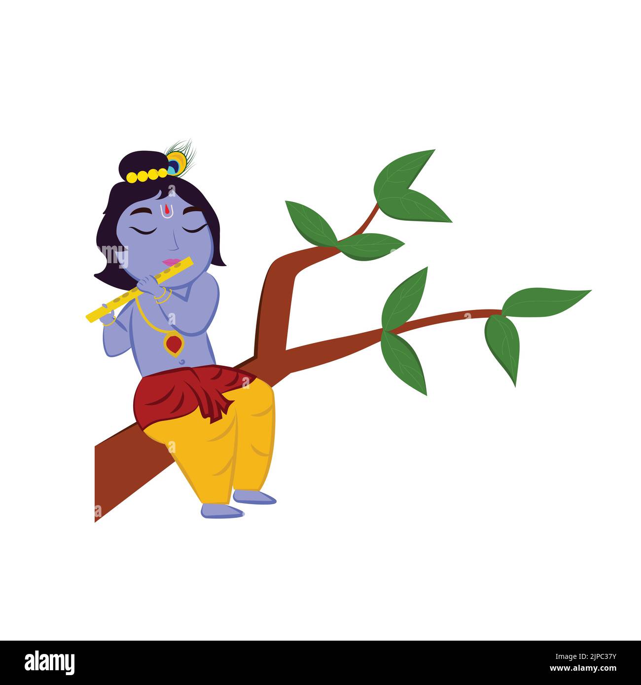 Cute Cartoon Little Krishna Spielt Flöte Auf Zweig Flat Vector. Stock Vektor