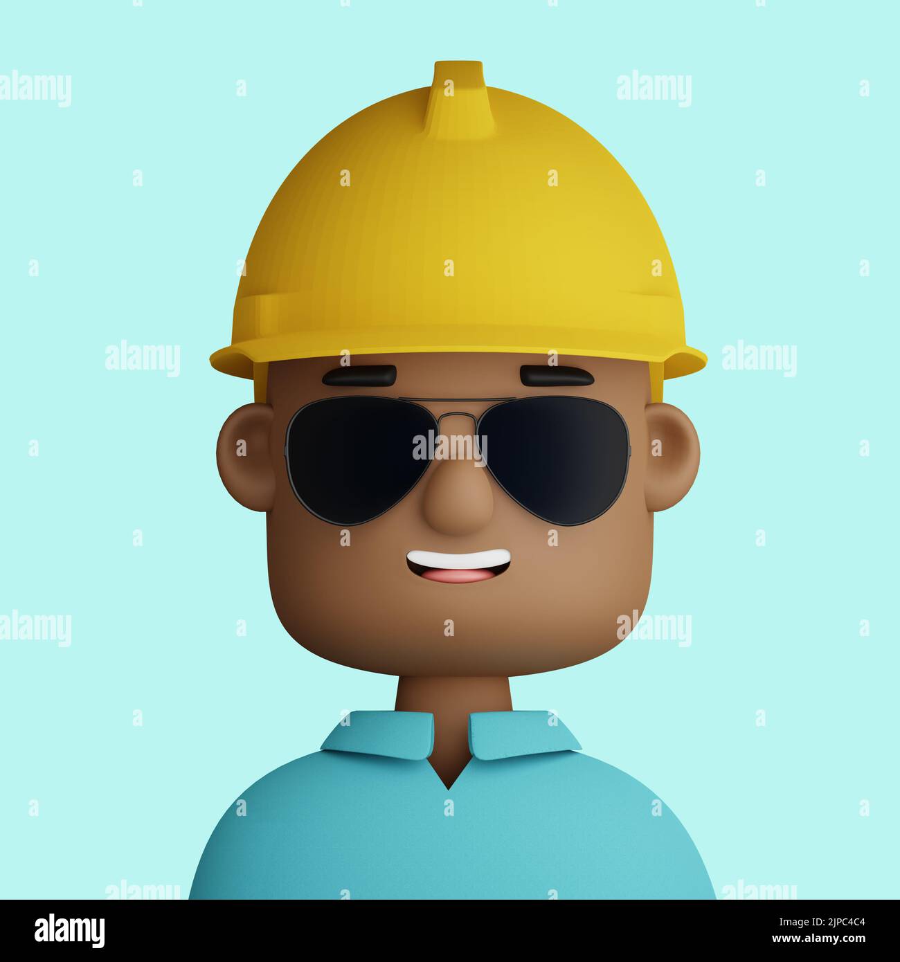 3D Abbildung des Ingenieurs. Cartoon Nahaufnahme Porträt des Ingenieurs schwarzen Mann mit Schutzhelm und Sonnenbrille auf blauem Hintergrund. 3D Avatar fo Stockfoto